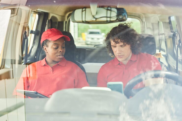 collaborating delivery drivers inside vehicle 236854 64405