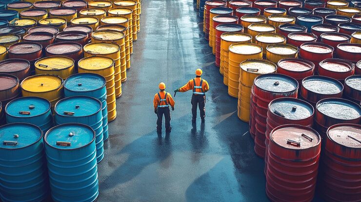 industrial worker is checking rows large oil drums 752325 141346